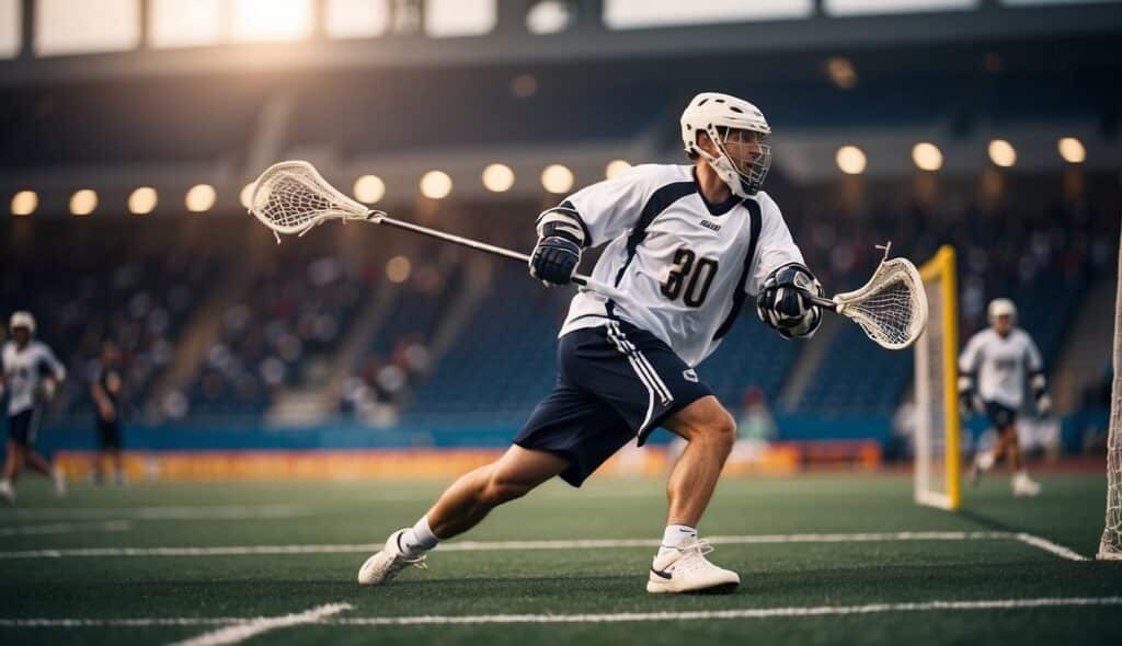 A lacrosse player scoring a goal in a professional game, with an Olympic backdrop and a sustainable environment