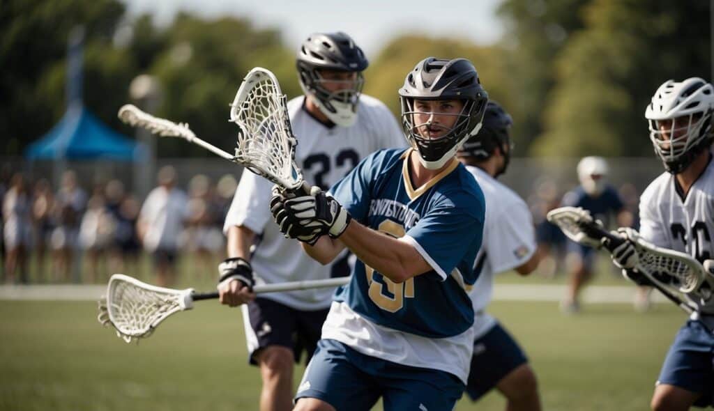 A vibrant lacrosse game being played in a community park, with spectators cheering and players showcasing their skills